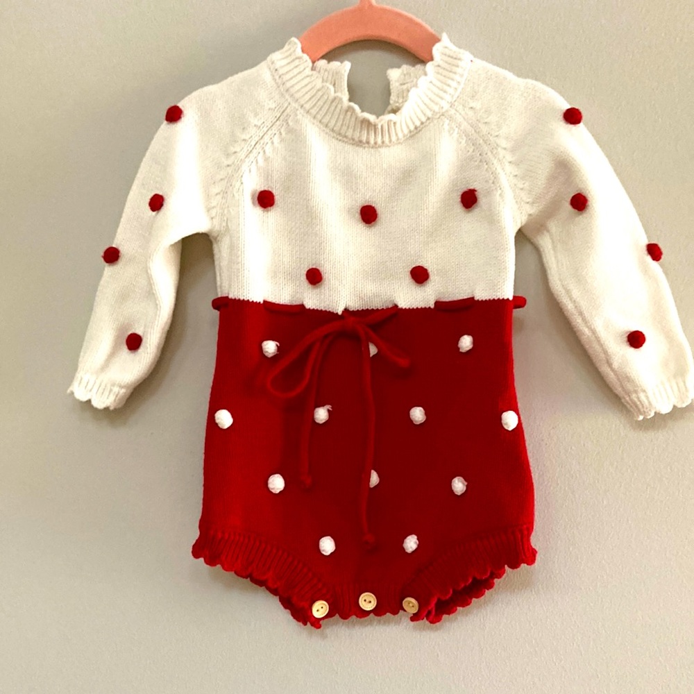 Red and white sweater romper for babies size 6-9 months